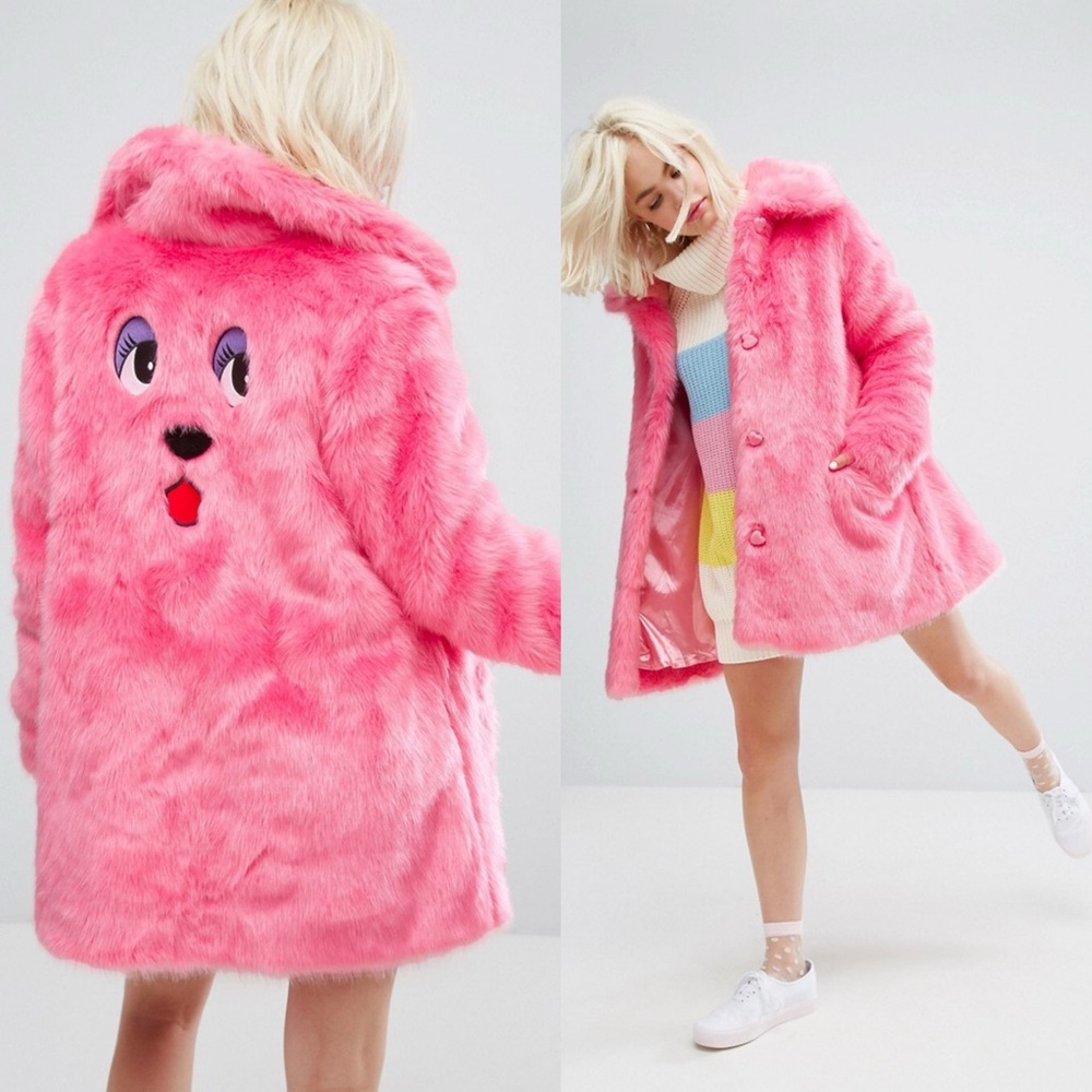 💖🐻💖 The amazing Lazy Oaf pink faux fur embroidered bear face coat! Size SMALL
